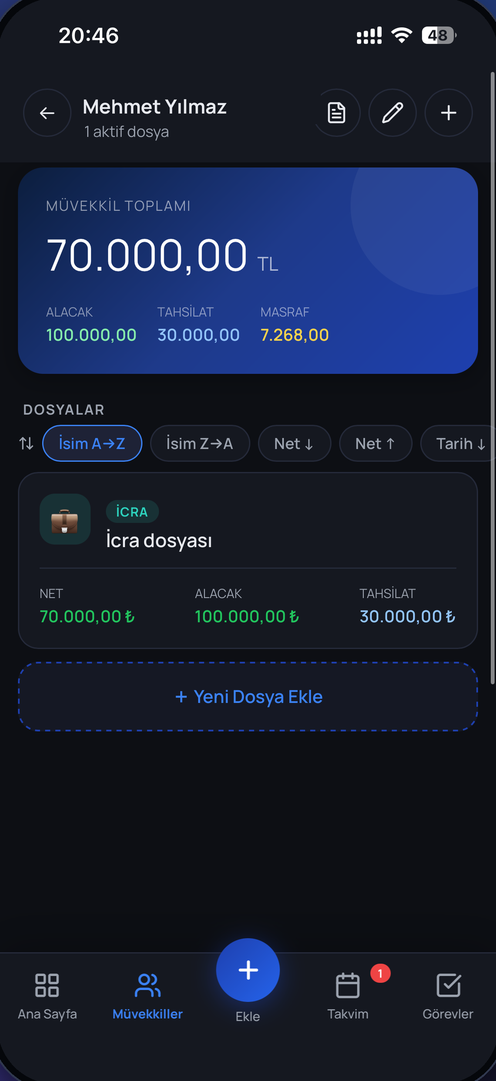 Müvekkil detay ekranı