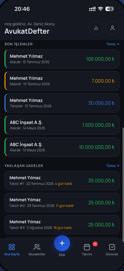 Alacak ve tahsilat ekranı