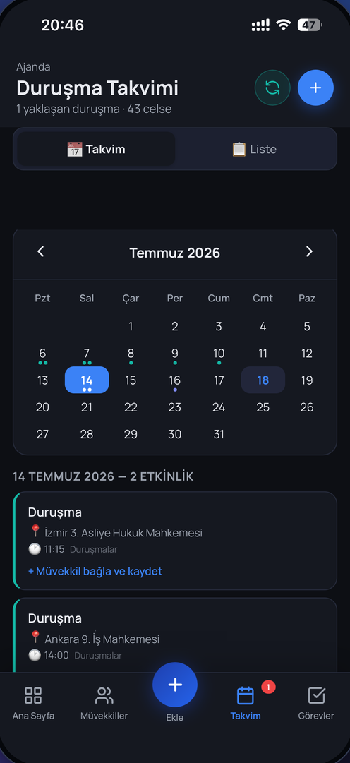 Duruşma takvimi ekranı